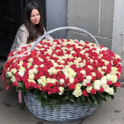 Купить 1001 красная и белая роза в корзине