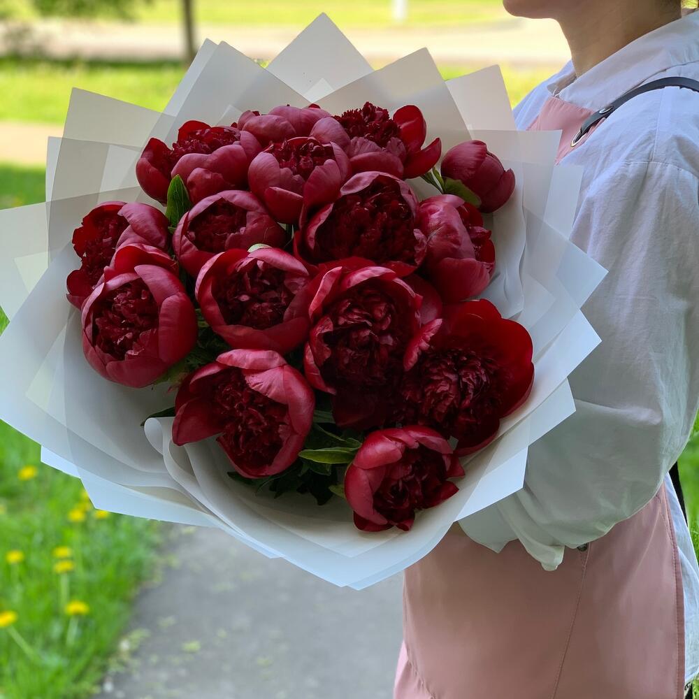 Заказ цветов: Бордовые (красные) пионы 15 шт - ракурс 2