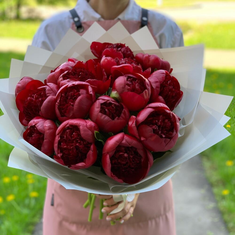 Заказ цветов: Бордовые (красные) пионы 15 шт - ракурс 4