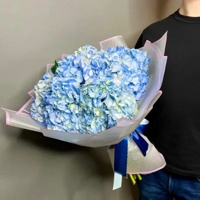 Букет голубых гортензий 9 шт в руках