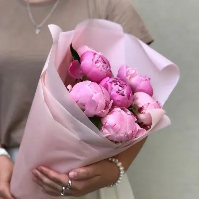 Букет из 7 розовых пионов в руках